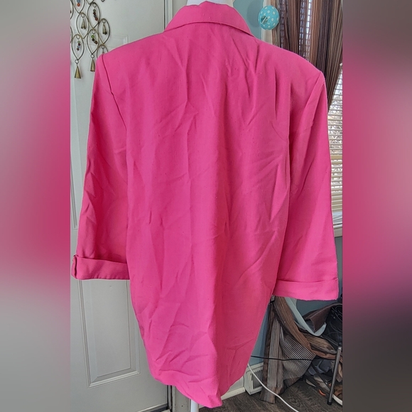 Vintage 80's Oversized Blazer Women's 14 Pink Cropped Sleeve Linen Like w/ Pocke - Picture 3 of 12